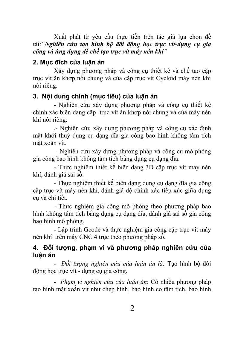 Tóm tắt Luận án Nghiên cứu tạo hình bộ đôi động học trục vít-dụng cụ gia công và ứng dụng để chế tạo trục vít máy nén khí trang 2