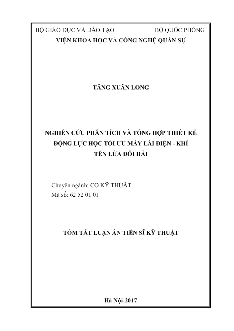 Tóm tắt Luận án Nghiên cứu phân tích và tổng hợp thiết kế động lực học tối ưu máy lái điện - Khí tên lửa đối hải trang 1