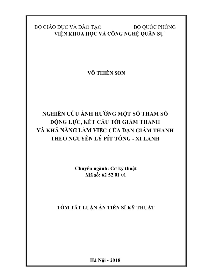 Tóm tắt Luận án Nghiên cứu ảnh hưởng một số tham số động lực, kết cấu tới giảm thanh và khả năng làm việc của đạn giảm thanh theo nguyên lý pít tông - Xi lanh trang 1