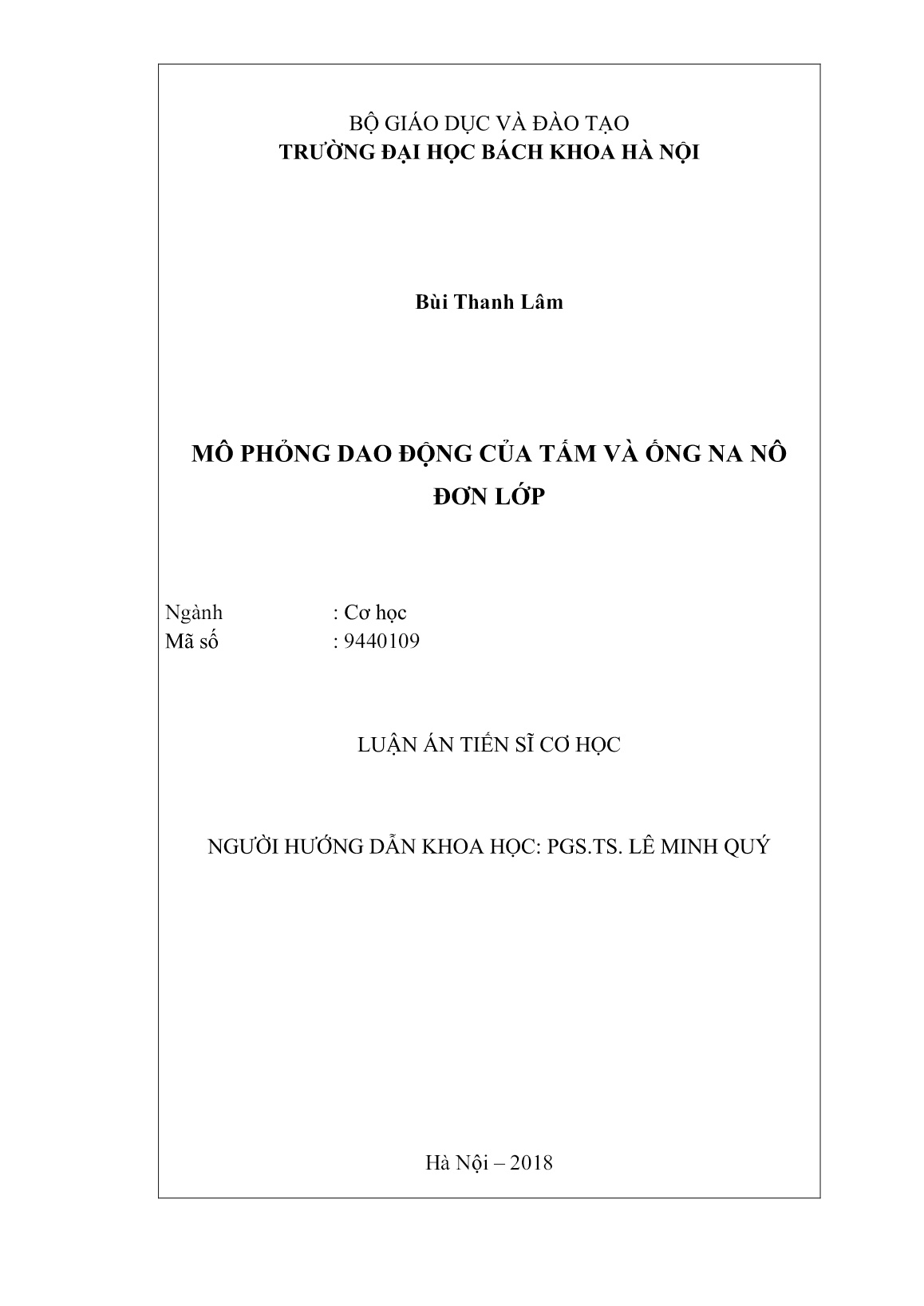 Luận án Mô phỏng dao động của tấm và ống na nô đơn lớp trang 2