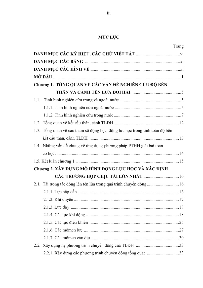 Luận án Nghiên cứu ảnh hưởng của một số tham số động học, động lực học đến độ bền kết cấu thân và cánh tên lửa hành trình đối hải trang 5