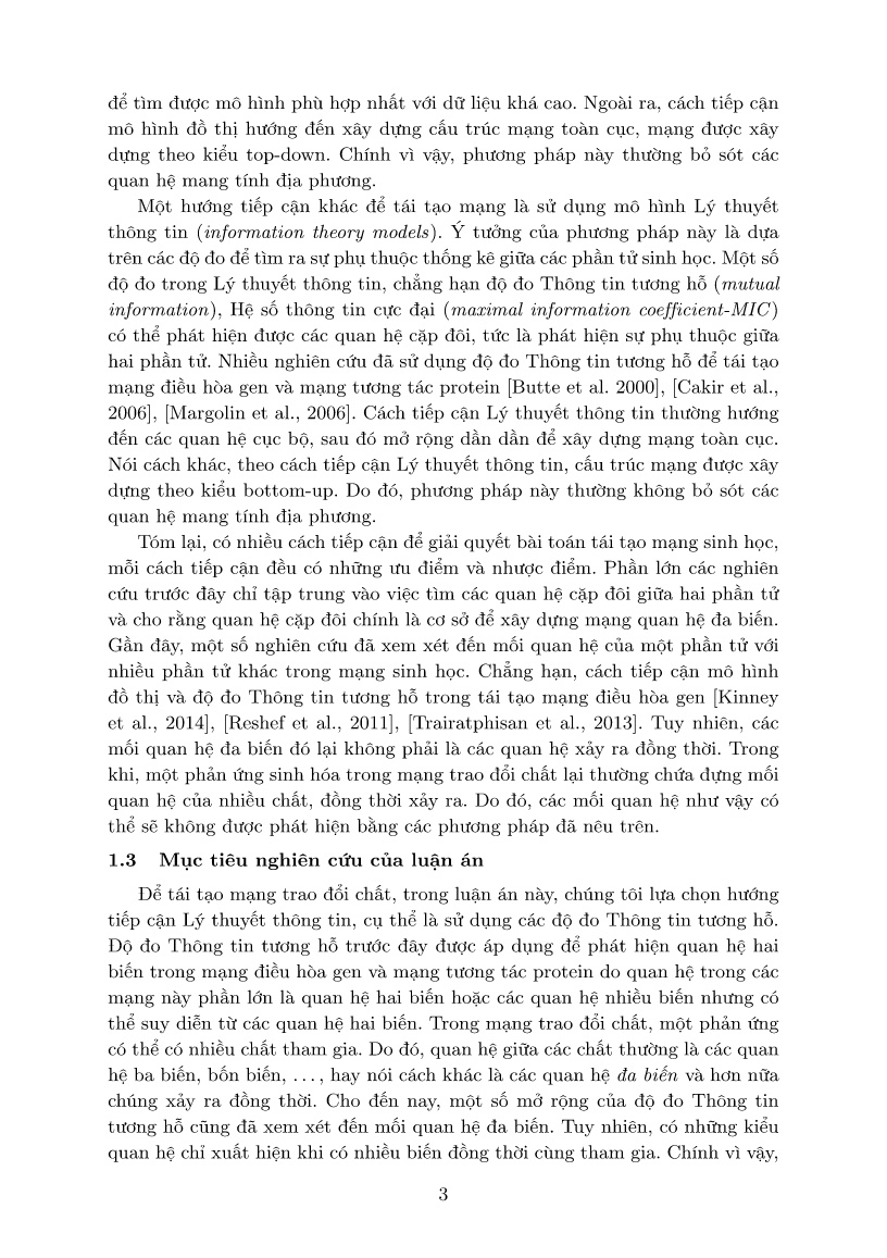 Luận án Bài toán tái tạo mạng sinh học, mở rộng độ đo Thông tin tương hỗ để tái tạo mạng trao đổi chất trang 3