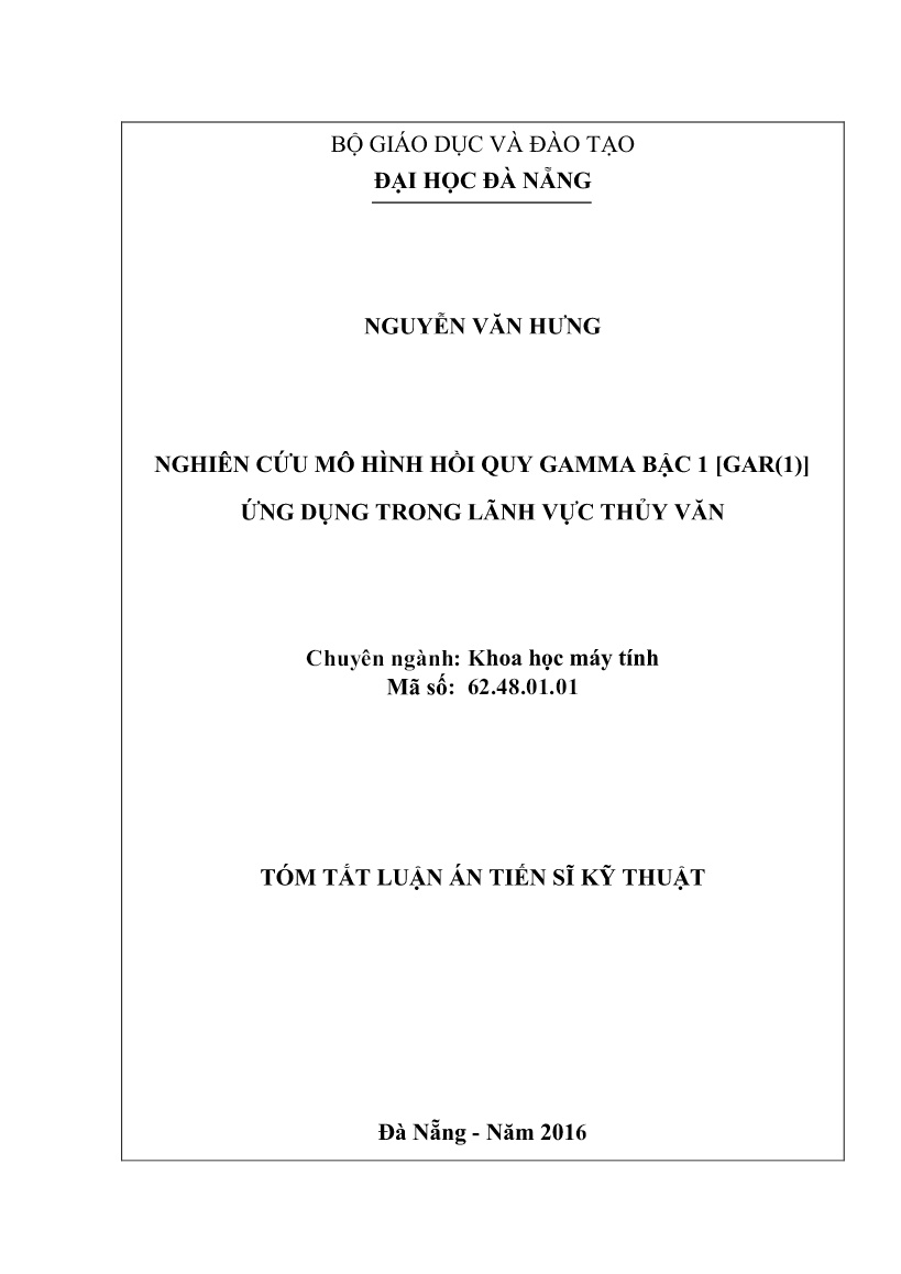 Luận án Nghiên cứu mô hình hồi quy Gamma bậc 1 [Gar(1)] Ứng dụng trong lãnh vực thủy văn trang 1