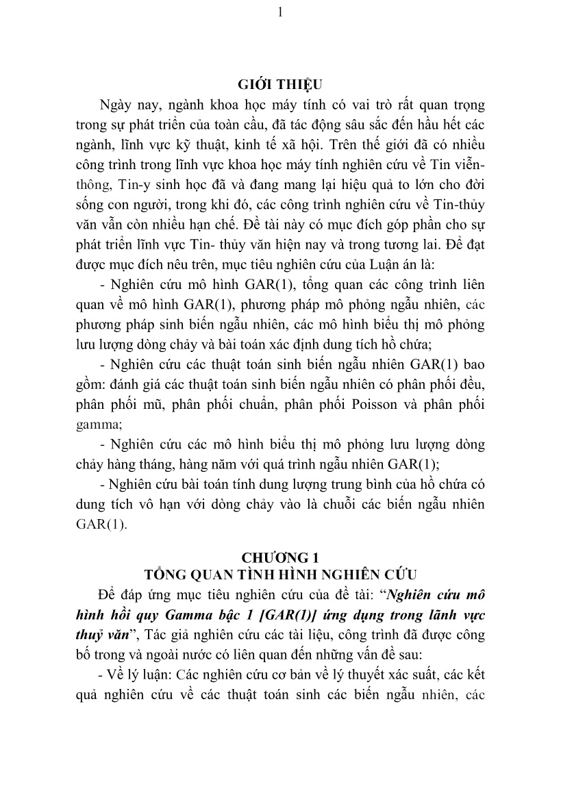 Luận án Nghiên cứu mô hình hồi quy Gamma bậc 1 [Gar(1)] Ứng dụng trong lãnh vực thủy văn trang 3