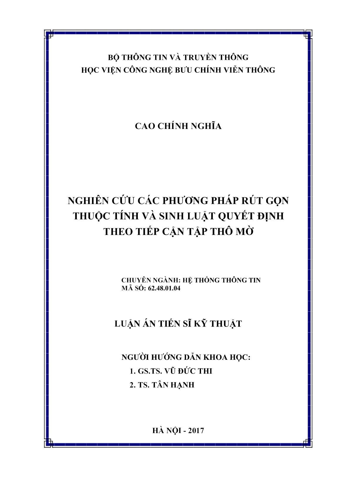 Luận án Nghiên cứu các phương pháp rút gọn thuộc tính và sinh luật quyết định theo tiếp cận tập thô mờ trang 2