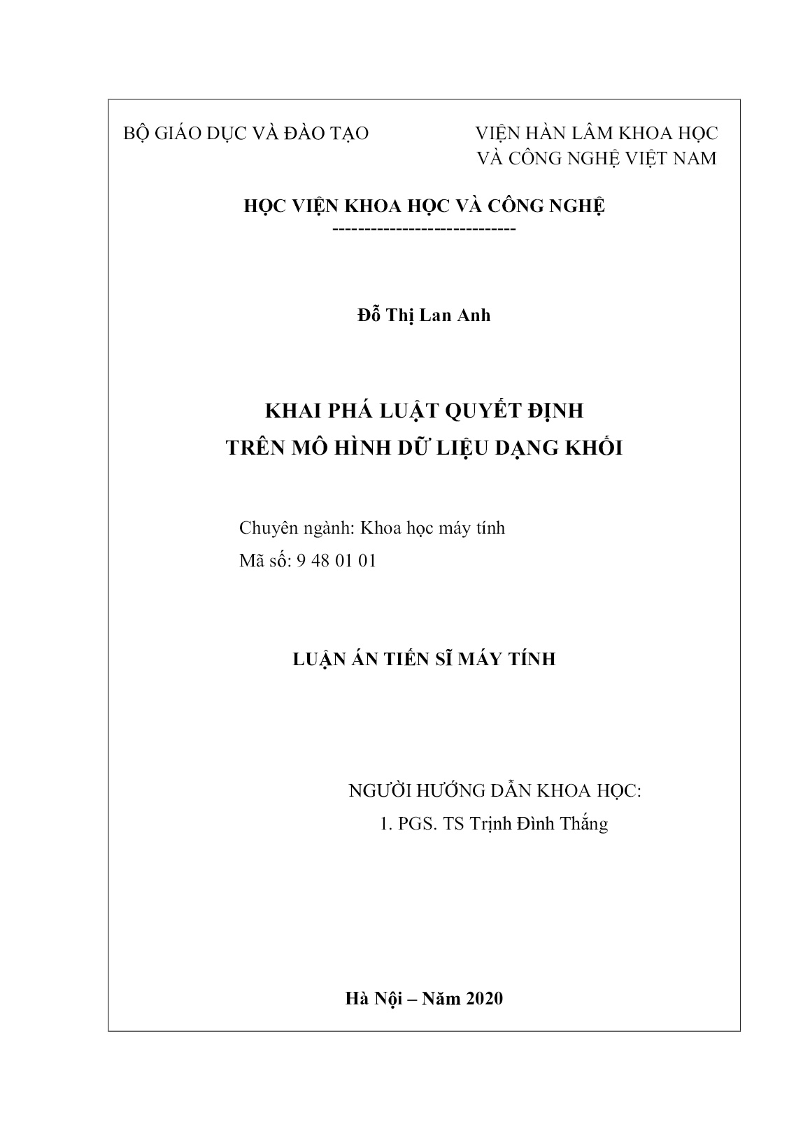 Luận án Khai phá luật quyết định trên mô hình dữ liệu dạng khối trang 2