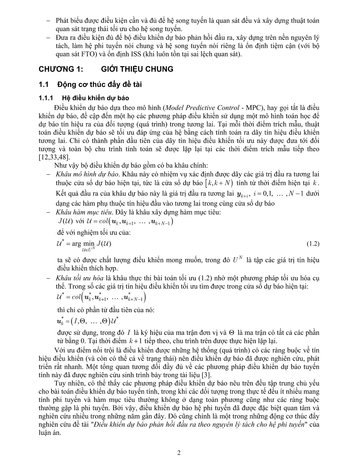 Luận án Điều khiển dự báo phản hồi đầu ra theo nguyên lý tách cho hệ phi tuyến trang 2