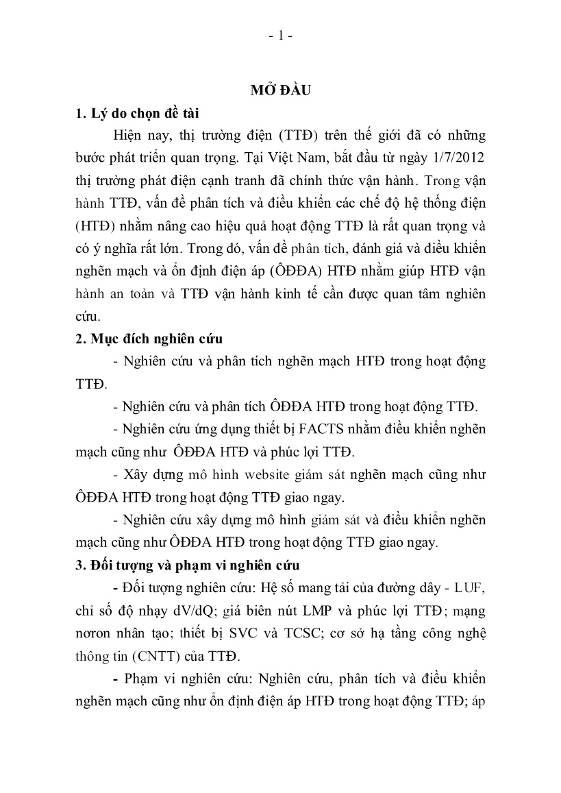 Luận án Ổn định điện áp hệ thống điện trong hoạt động thị trường điện trang 1