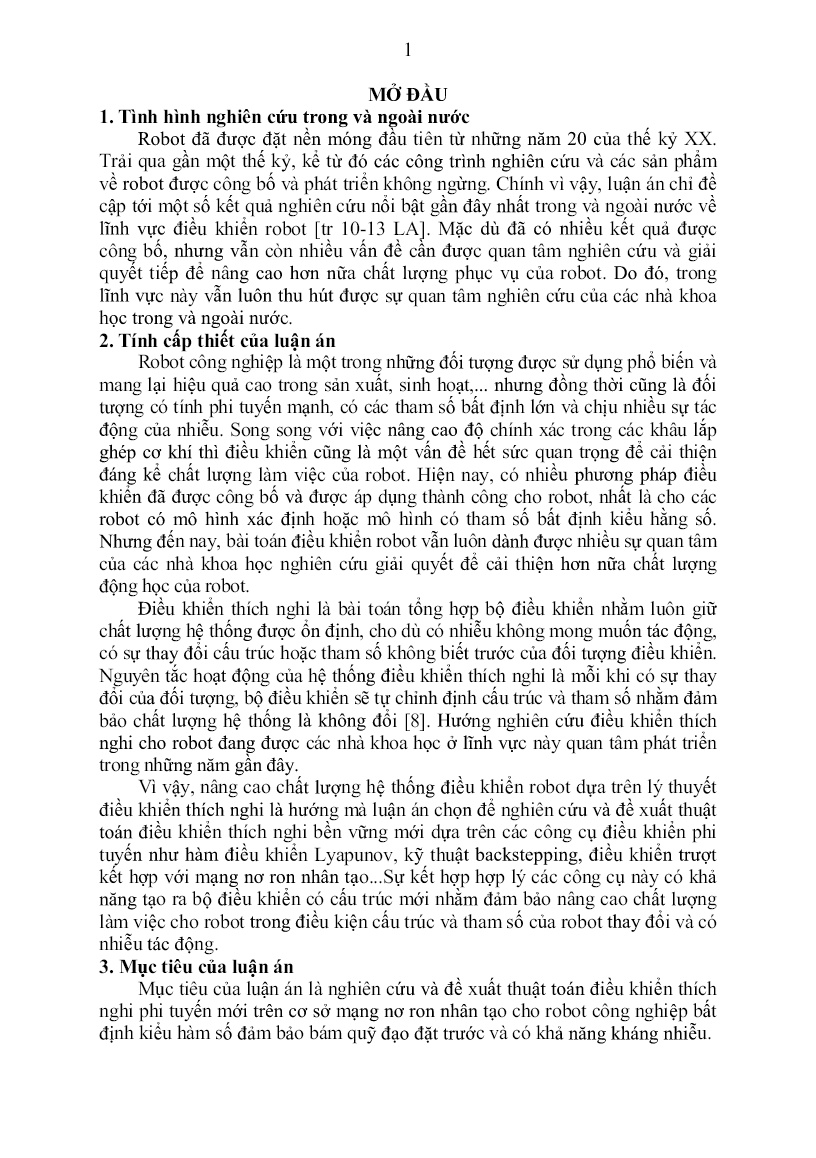 Luận án Thuật toán điều khiển thích nghi phi tuyến mới trên cơ sở mạng nơ ron nhân tạo cho robot công nghiệp trang 1
