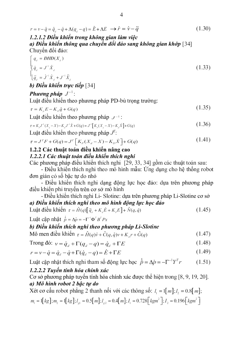Luận án Thuật toán điều khiển thích nghi phi tuyến mới trên cơ sở mạng nơ ron nhân tạo cho robot công nghiệp trang 4