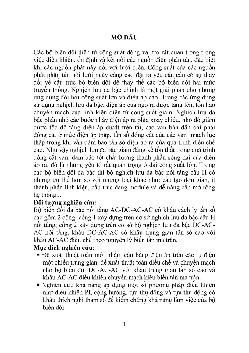 Luận án Điều khiển bộ biến đổi đa bậc nguồn áp ứng dụng trong các nguồn điện phân tán có nối lưới trang 4