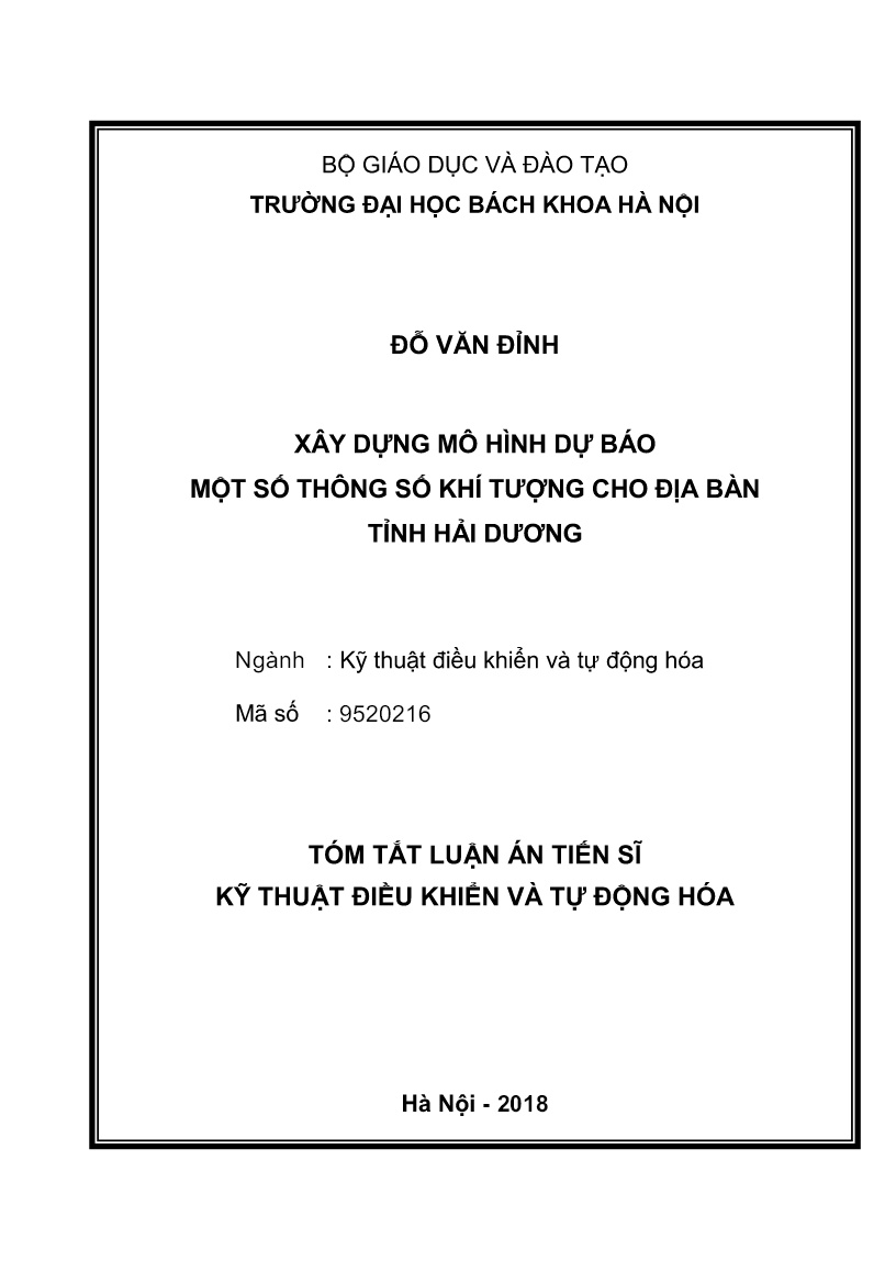 Luận án Xây dựng mô hình dự báo một số thông số khí tượng cho địa bàn tỉnh Hải Dương trang 1