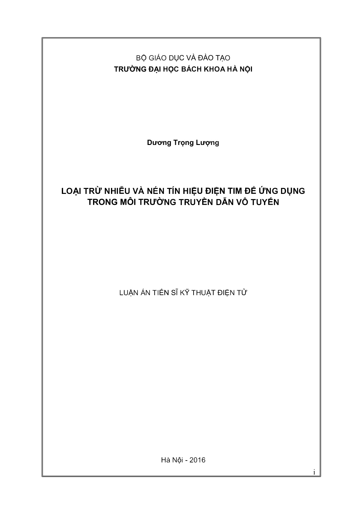 Luận án Loại trừ nhiễu và nén tín hiệu điện tim để ứng dụng trong môi trường truyền dẫn vô tuyến trang 1