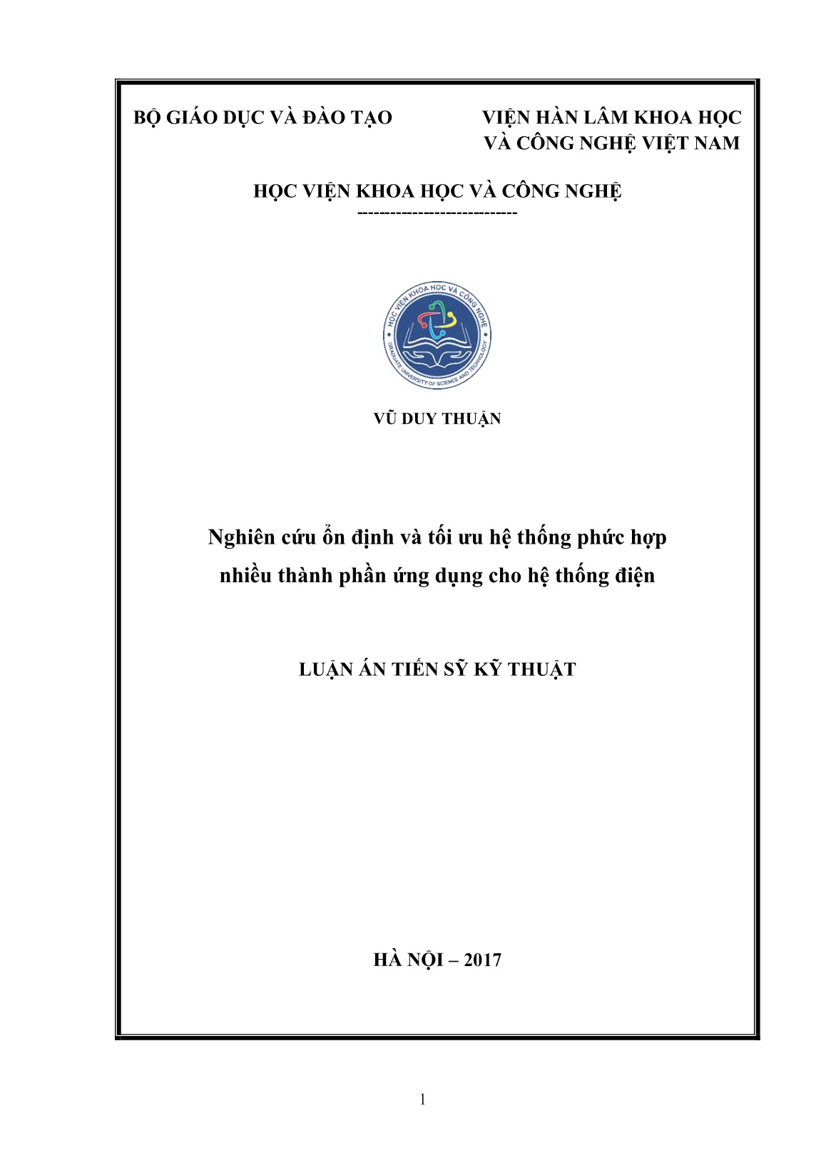 Luận án Nghiên cứu ổn định và tối ưu hệ thống phức hợp nhiều thành phần ứng dụng cho hệ thống điện trang 1