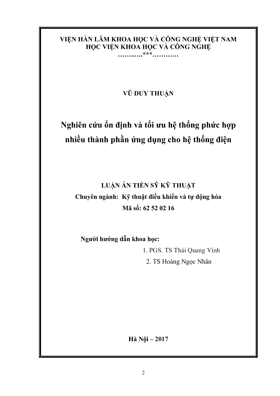 Luận án Nghiên cứu ổn định và tối ưu hệ thống phức hợp nhiều thành phần ứng dụng cho hệ thống điện trang 2