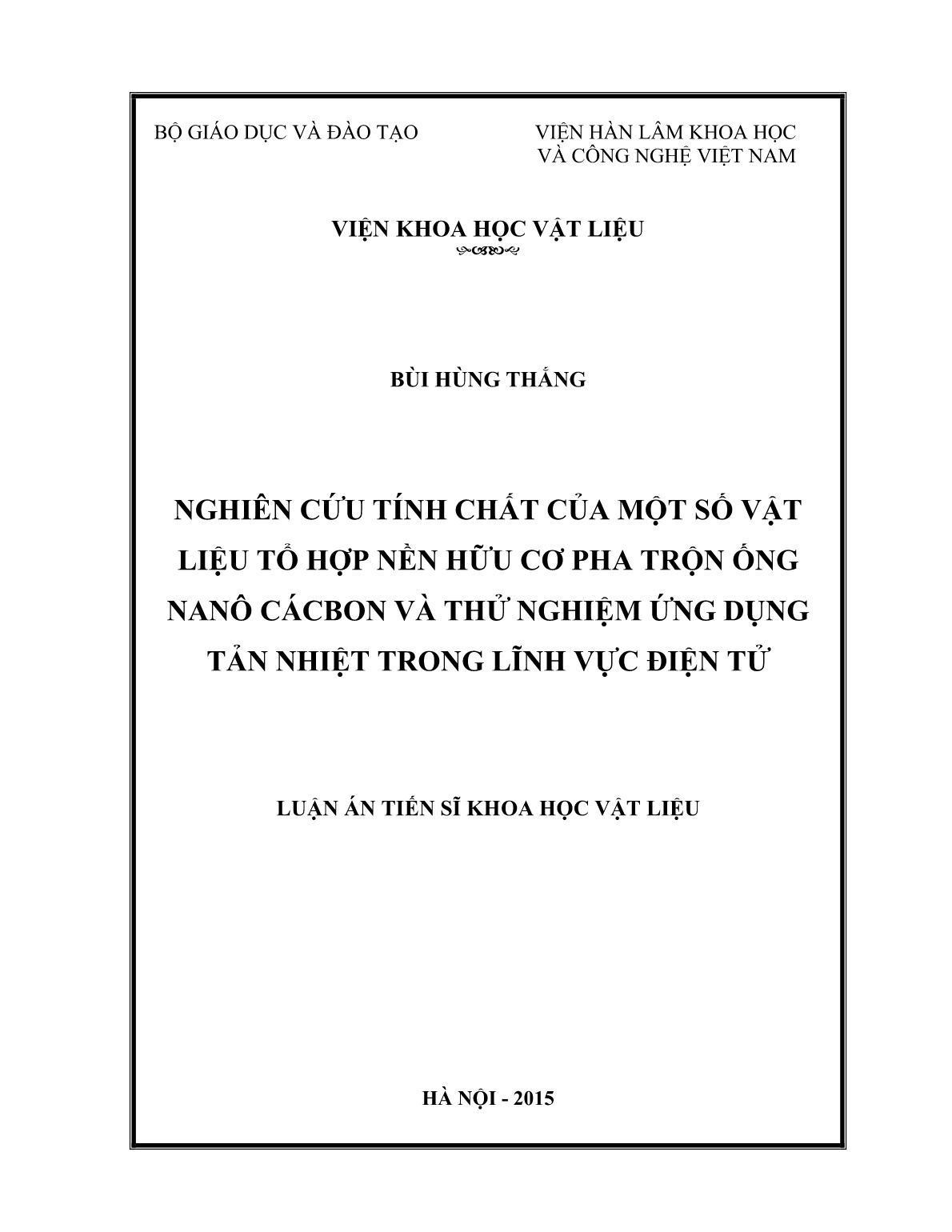 Luận án Nghiên cứu tính chất của một số vật liệu tổ hợp nền hữu cơ pha trộn ống nanô cácbon và thử nghiệm ứng dụng tản nhiệt trong lĩnh vực điện tử trang 1