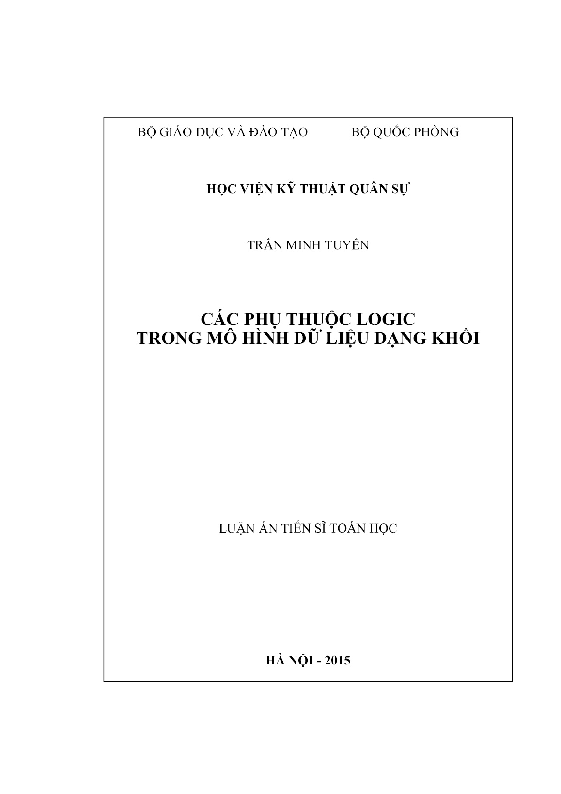 Luận án Các phụ thuộc logic trong mô hình dữ liệu dạng khối trang 1