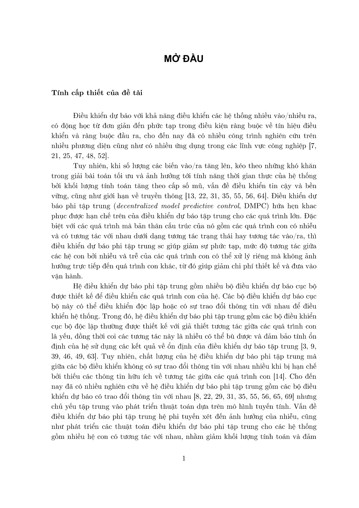 Luận án Nghiên cứu xây dựng thuật toán điều khiển dự báo phi tập trung cho một lớp đối tượng phi tuyến trang 10