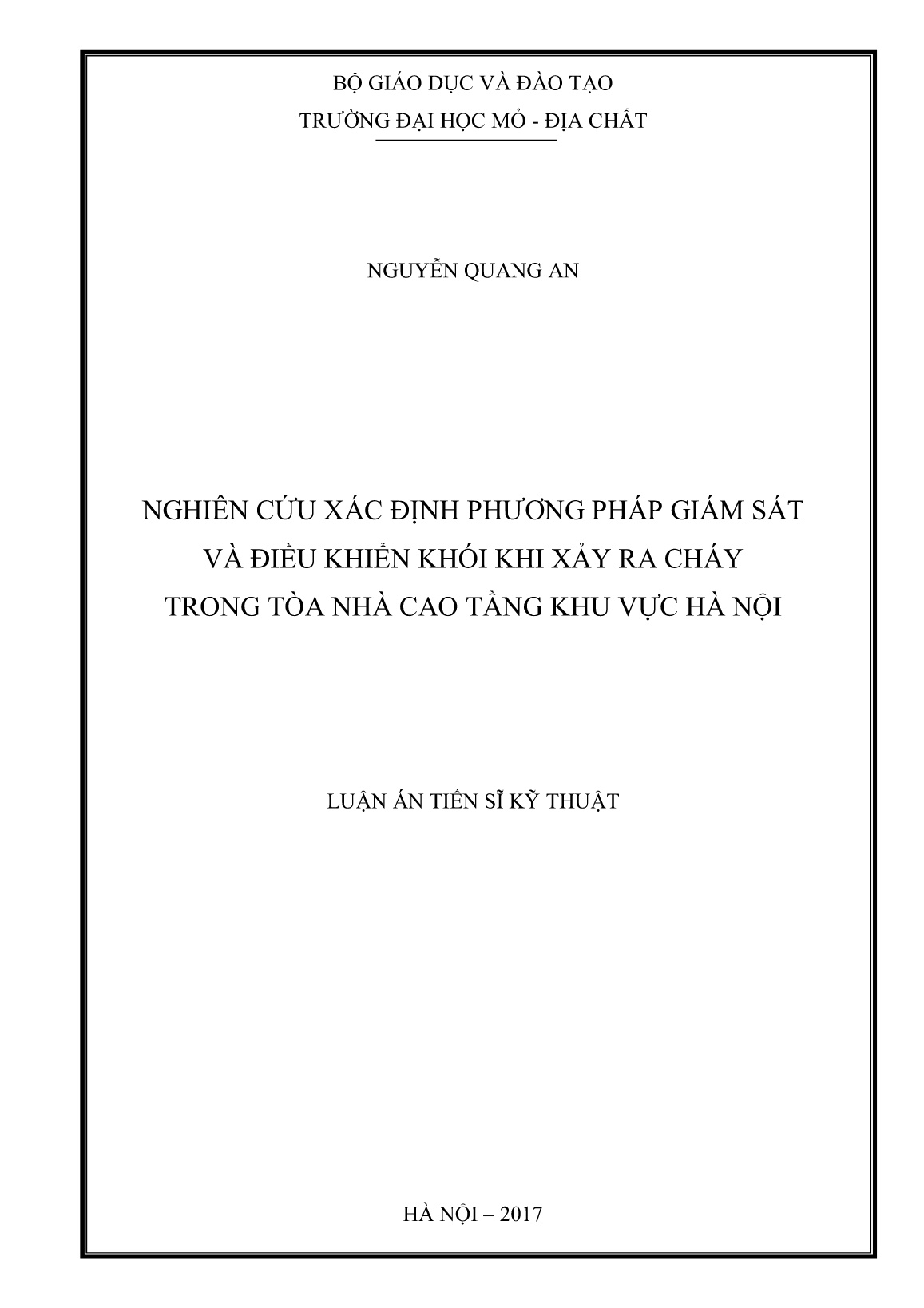 Luận án Nghiên cứu xác định phương pháp giám sát và điều khiển khói khi xảy ra cháy trong tòa nhà cao tầng khu vực Hà Nội trang 1