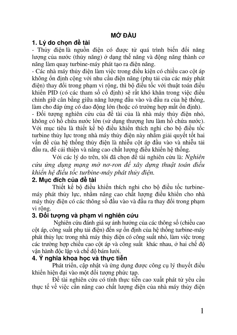Luận án Nghiên cứu ứng dụng mạng mờ nơ-ron để xây dựng thuật toán điều khiển hệ điều tốc turbine-máy phát thủy điện trang 1