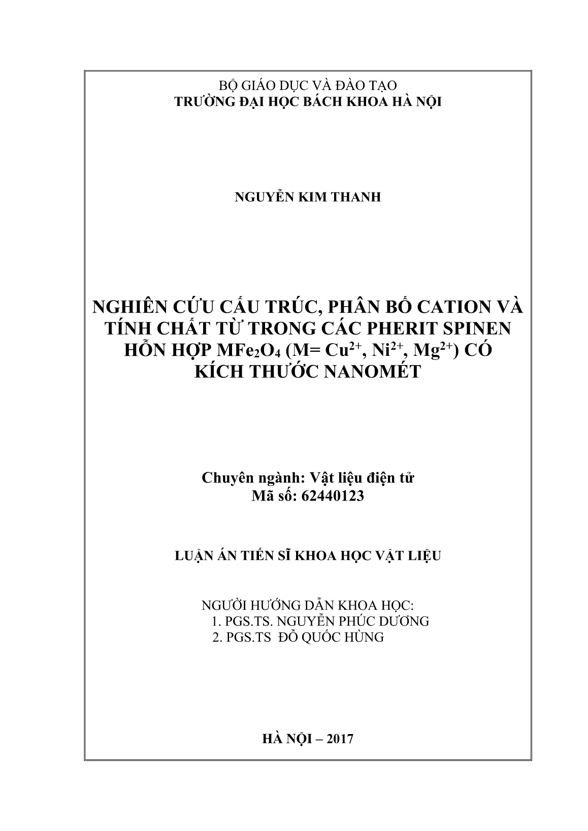 Luận án Nghiên cứu cấu trúc, phân bố cation và tính chất từ trong các pherit spinen hỗn hợp MFe2O4 (M= Cu2+, Ni2+, Mg2+) có kích thước nanomét trang 1