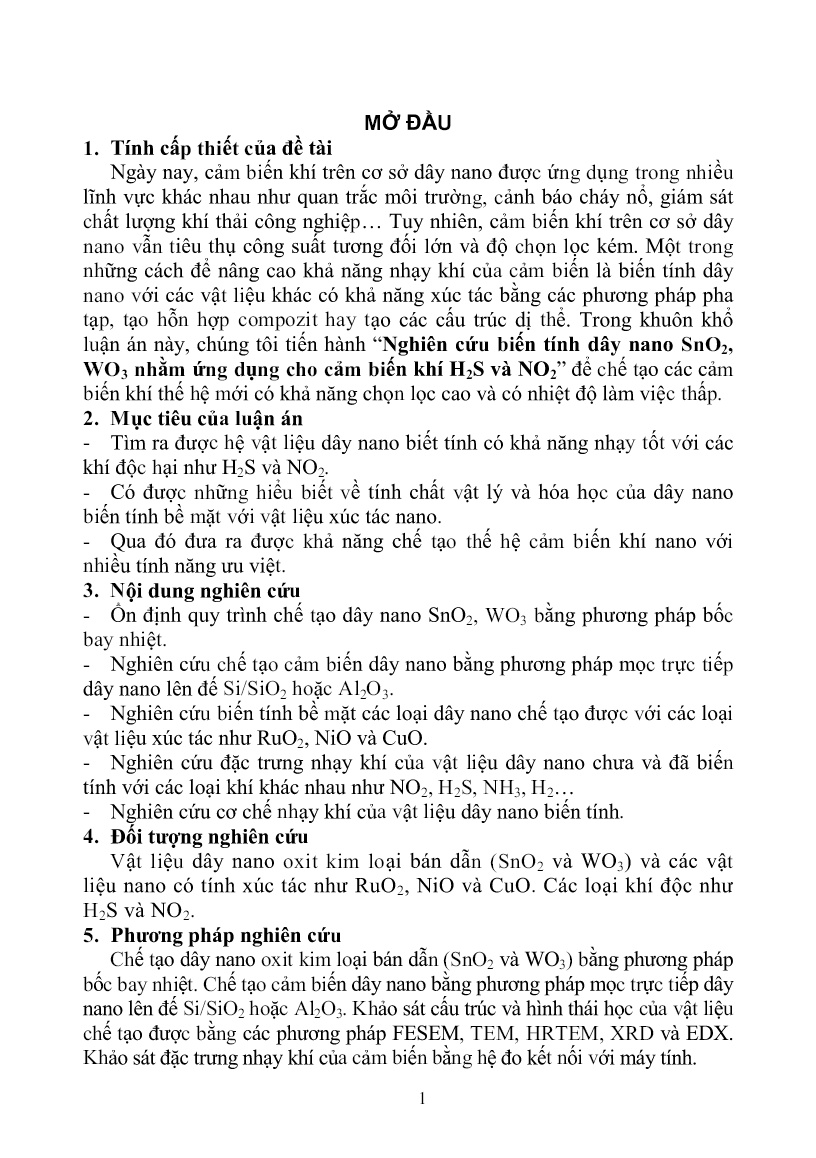 Luận án Nghiên cứu biến tính dây nano SnO2, WO3 nhằm ứng dụng cho cảm biến khí H2S và NO2 trang 1