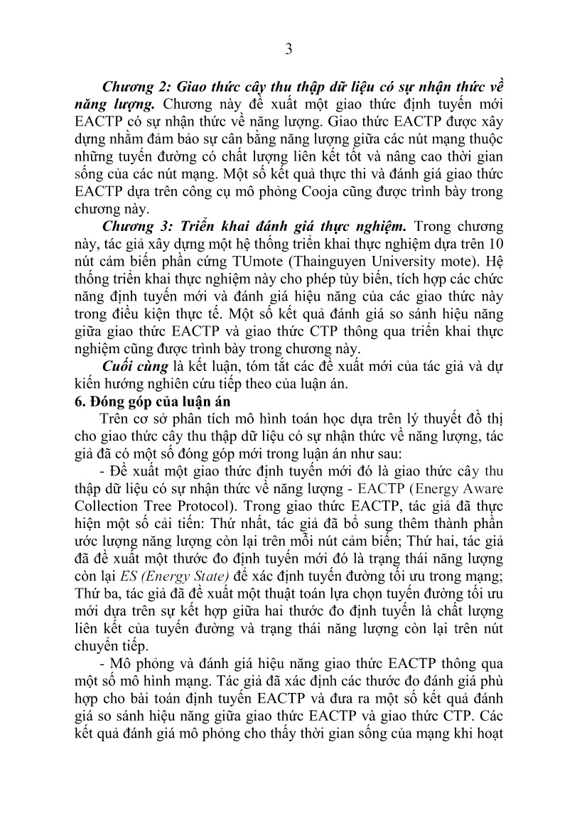 Luận án Nghiên cứu bài toán định tuyến có sự nhận thức về năng lượng áp dụng cho giao thức cây thu thập dữ liệu (EACTP) trang 3