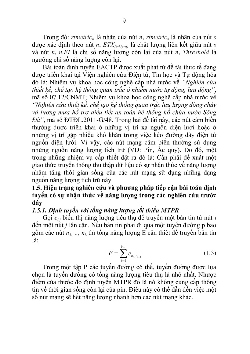 Luận án Nghiên cứu bài toán định tuyến có sự nhận thức về năng lượng áp dụng cho giao thức cây thu thập dữ liệu (EACTP) trang 9