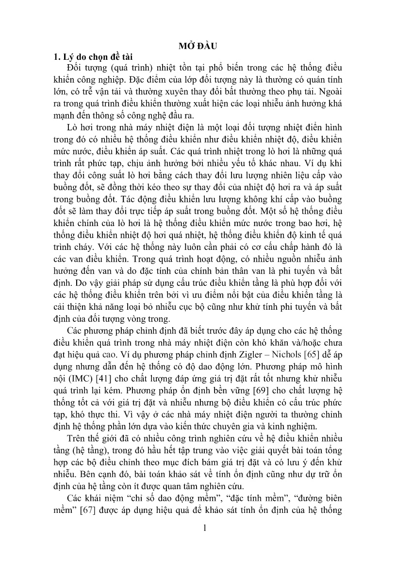 Luận án Nghiên cứu phát triển lý thuyết hệ điều khiển nhiều tầng trong điều khiển quá trình nhiệt trên cơ sở chỉ số dao động mềm trang 1