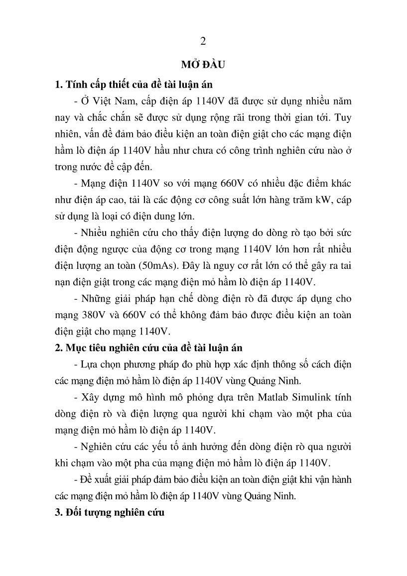 Luận án Nghiên cứu đảm bảo điều kiện an toàn điện giật trong các mạng điện mỏ hầm lò điện áp 1140V vùng Quảng Ninh trang 2