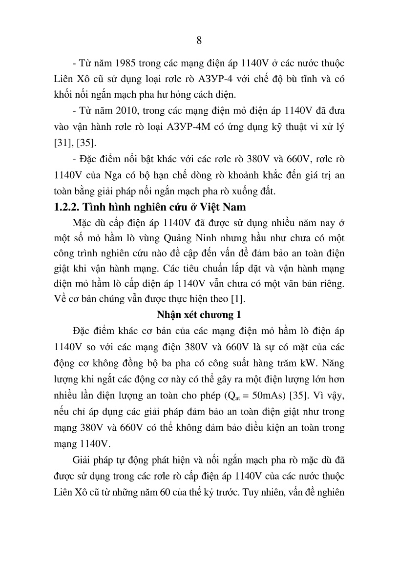 Luận án Nghiên cứu đảm bảo điều kiện an toàn điện giật trong các mạng điện mỏ hầm lò điện áp 1140V vùng Quảng Ninh trang 8