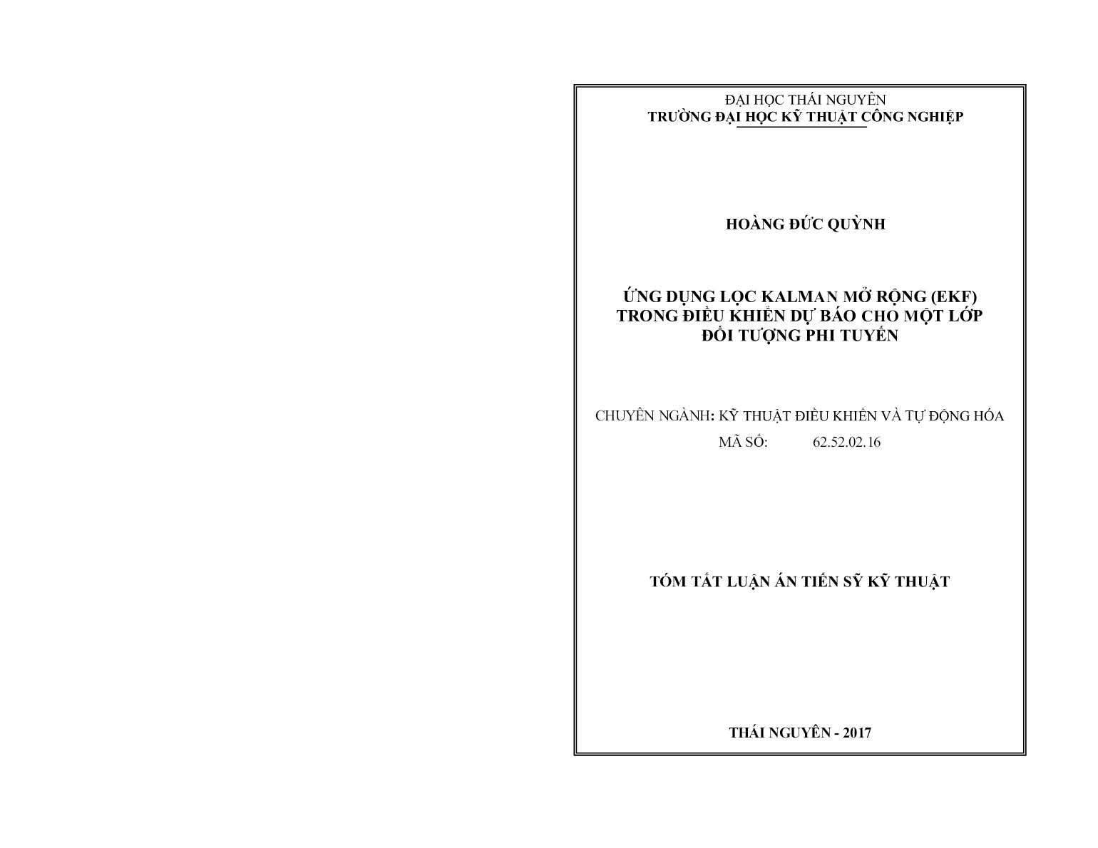 Luận án Ứng dụng lọc kalman mở rộng (EKF) trong điều khiển dự báo cho một lớp đối tượng phi tuyến trang 1