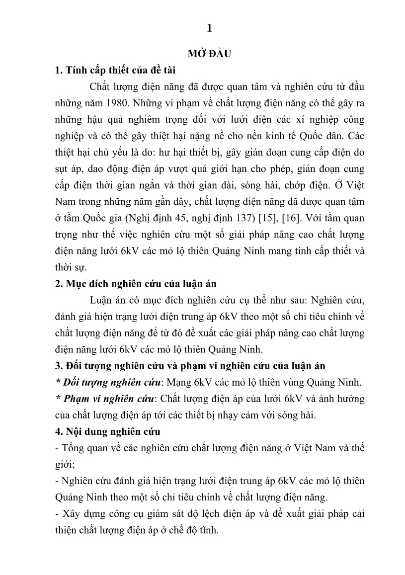Luận án Nghiên cứu nâng cao chất lượng điện năng mạng 6KV mỏ lộ thiên vùng Quảng Ninh trang 3