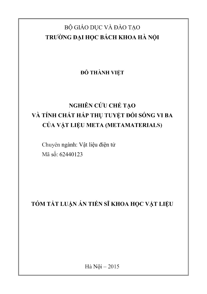 Luận án Nghiên cứu chế tạo và tính chất hấp thụ tuyệt đối sóng vi ba của vật liệu Meta (Metamaterials) trang 1