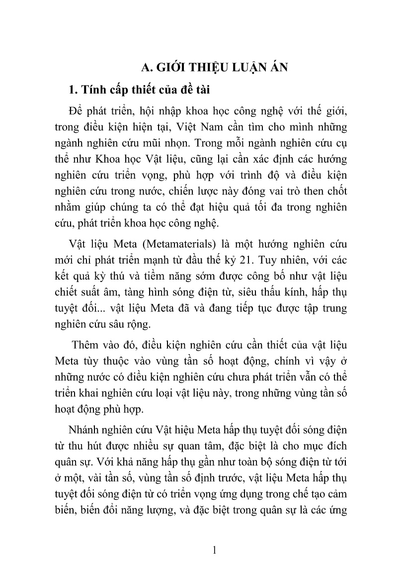 Luận án Nghiên cứu chế tạo và tính chất hấp thụ tuyệt đối sóng vi ba của vật liệu Meta (Metamaterials) trang 5