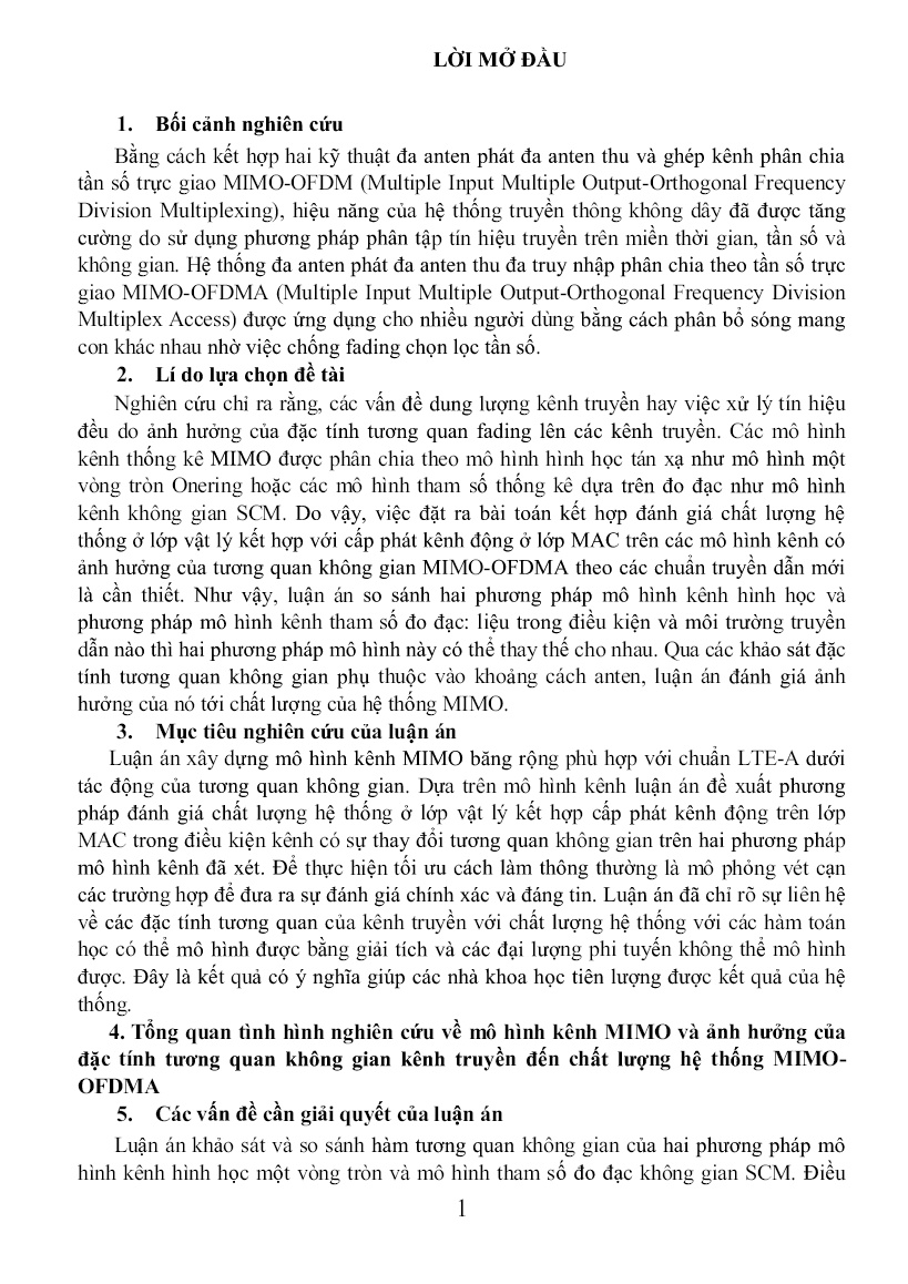 Luận án Một số mô hình kênh không gian và tác động của tương quan không gian trong hệ thống MIMO-OFDMA trang 3