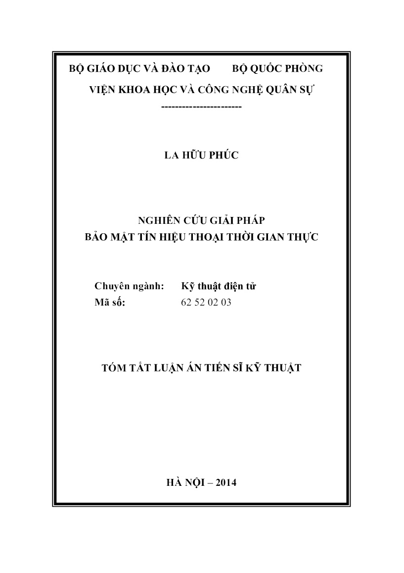 Luận án Nghiên cứu giải pháp bảo mật tín hiệu thoại thời gian thực trang 1