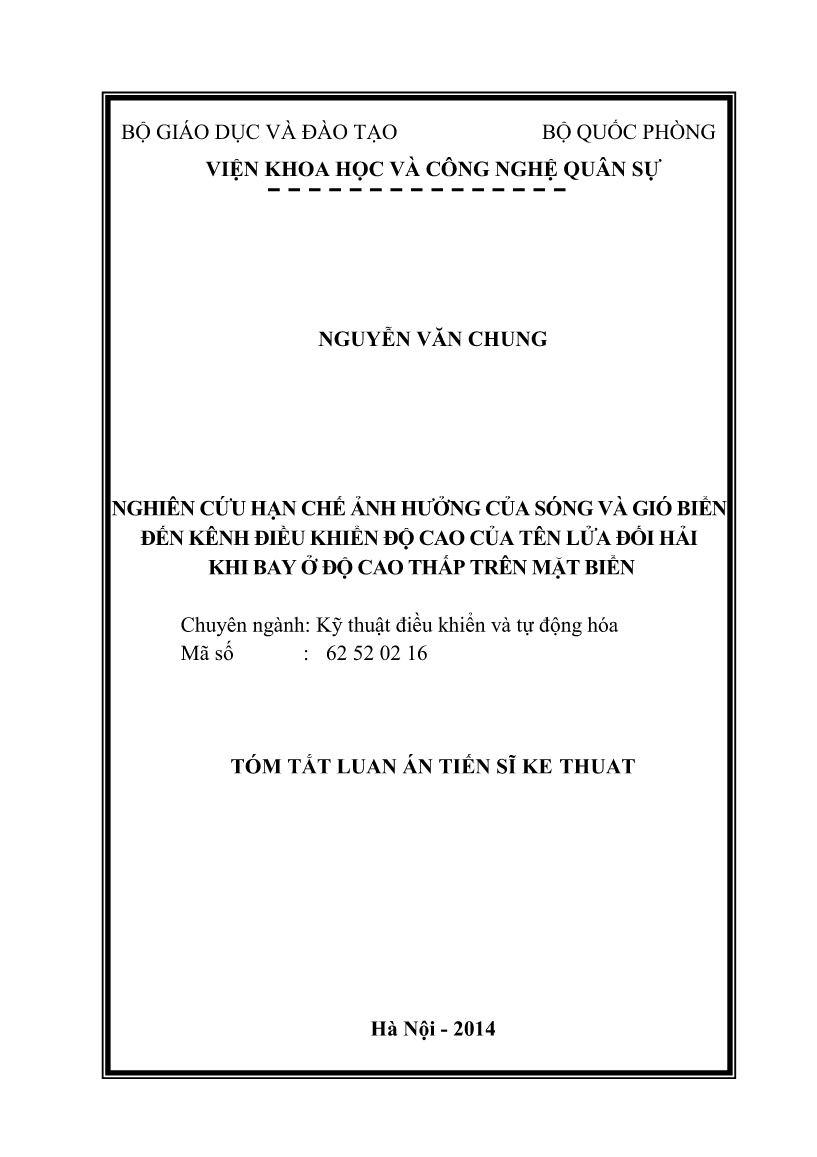 Luận án Nghiên cứu hạn chế ảnh hưởng của sóng và gió biển đến kênh điều khiển độ cao của tên lửa đối hải khi bay ở độ cao thấp trên mặt biển trang 1