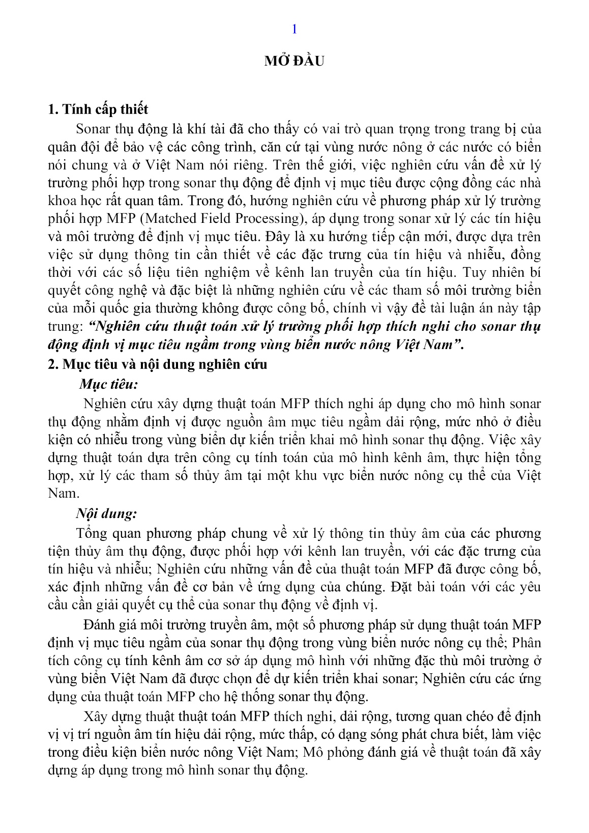 Luận án Nghiên cứu thuật toán xử lý trường phối hợp thích nghi cho sonar thụ động định vị mục tiêu ngầm trong vùng biển nước nông Việt Nam trang 3