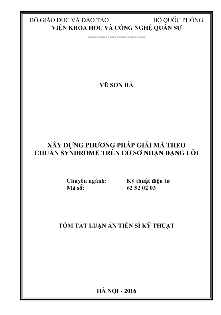 Luận án Xây dựng phương pháp giải mã theo chuẩn Syndrome trên cơ sở nhận dạng lỗi trang 1