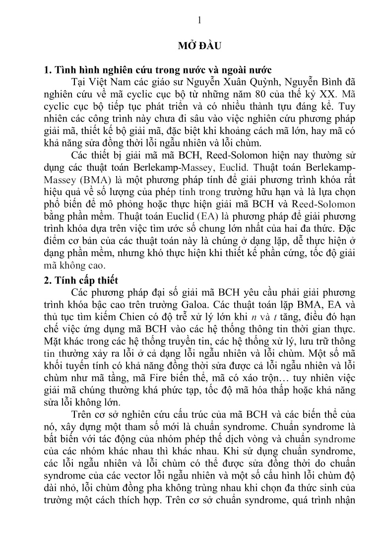 Luận án Xây dựng phương pháp giải mã theo chuẩn Syndrome trên cơ sở nhận dạng lỗi trang 3