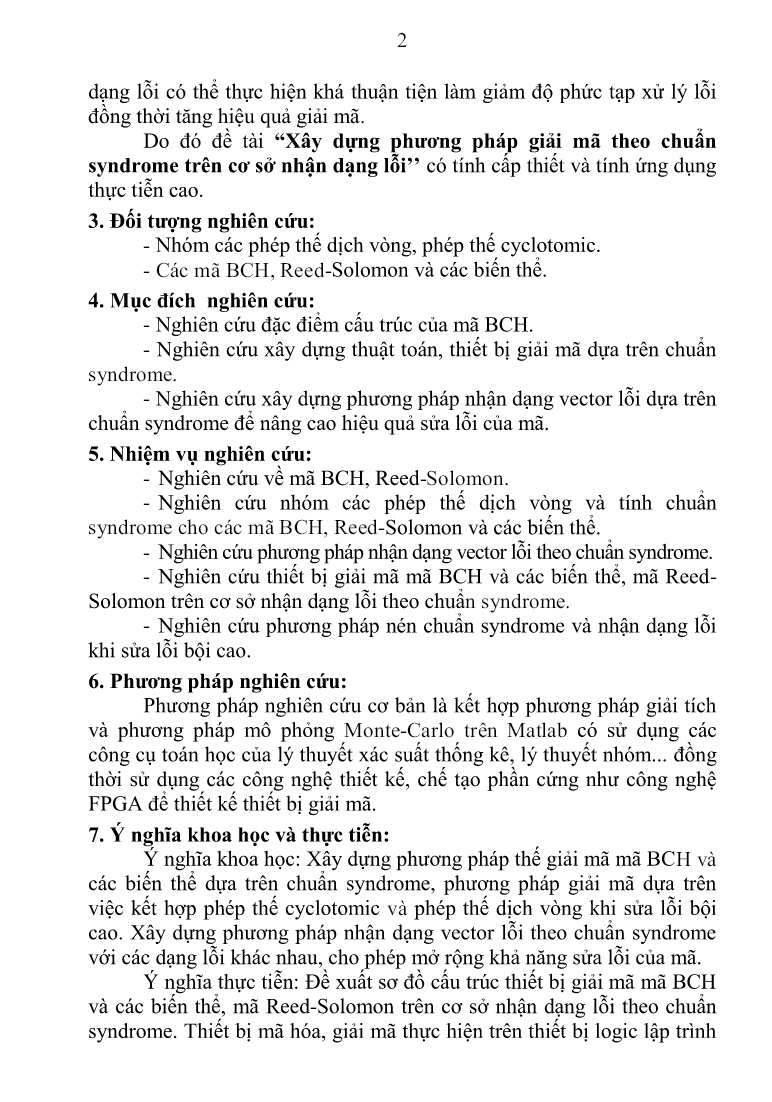 Luận án Xây dựng phương pháp giải mã theo chuẩn Syndrome trên cơ sở nhận dạng lỗi trang 4