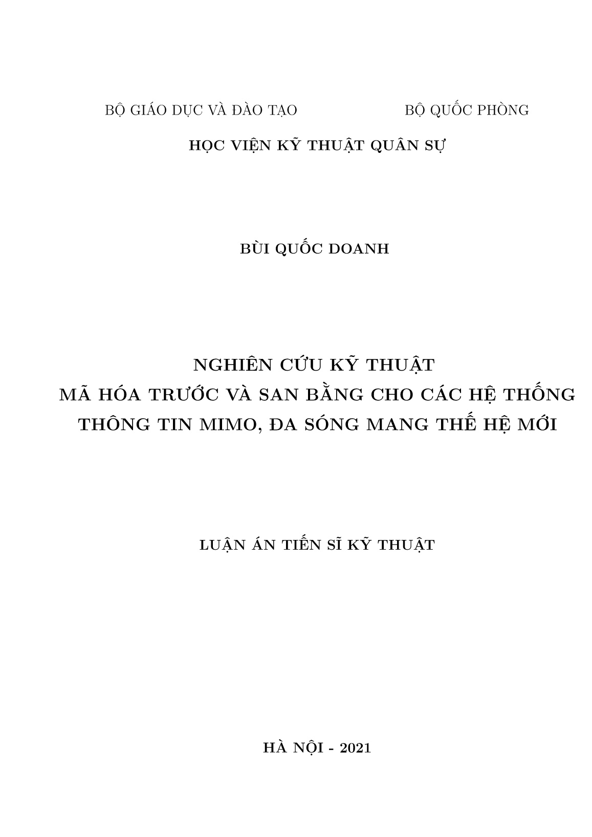 Luận án Nghiên cứu kỹ thuật mã hóa trước và san bằng cho các hệ thống thông tin mimo, đa sóng mang thế hệ mới trang 1