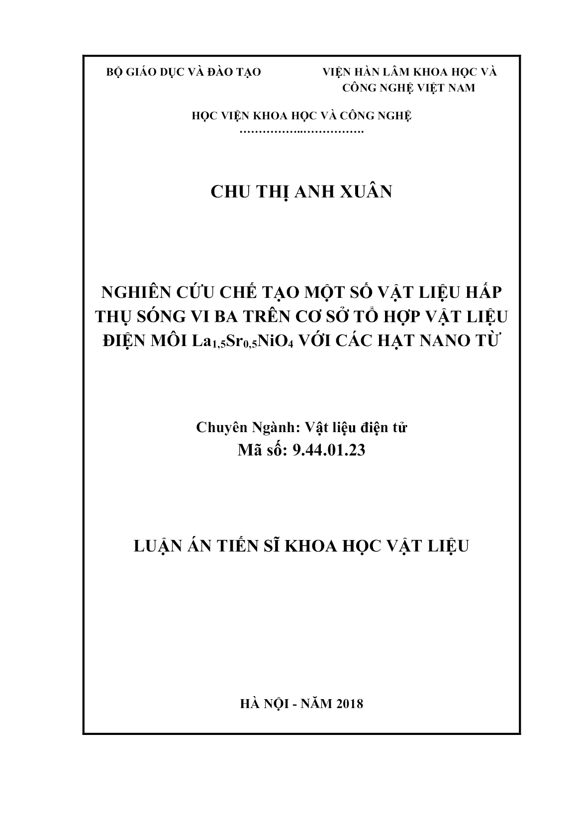 Luận án Nghiên cứu chế tạo một số vật liệu hấp thụ sóng vi ba trên cơ sở tổ hợp vật liệu điện môi La1,5Sr0,5NiO4 với các hạt nano từ trang 1