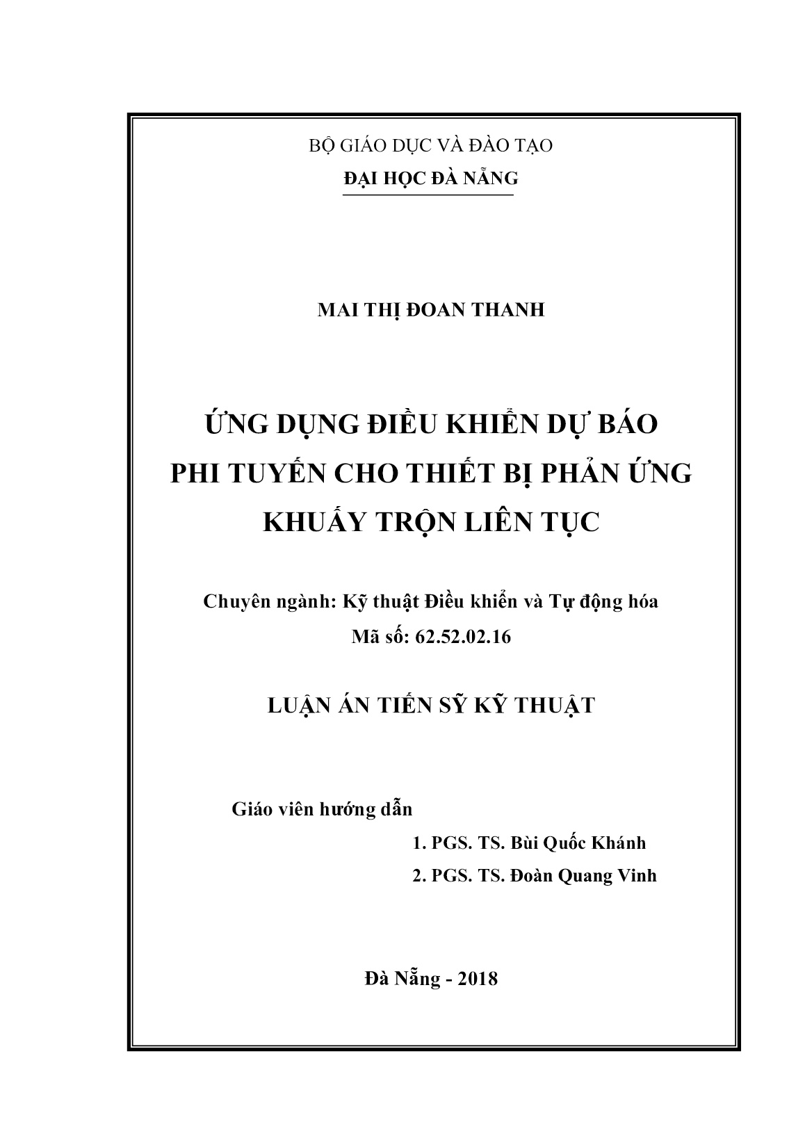 Luận án Ứng dụng điều khiển dự báo phi tuyến cho thiết bị phản ứng khuấy trộn liên tục trang 1