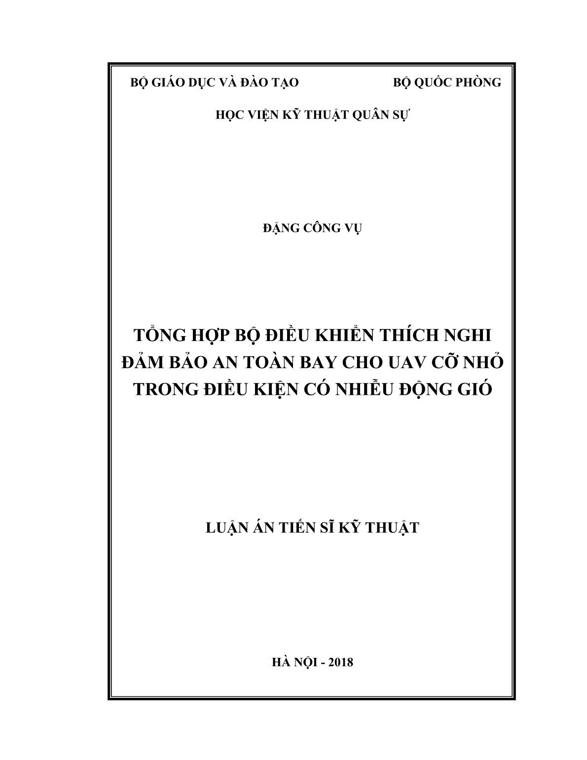 Luận án Tổng hợp bộ điều khiển thích nghi đảm bảo an toàn bay cho uav cỡ nhỏ trong điều kiện có nhiễu động gió trang 1