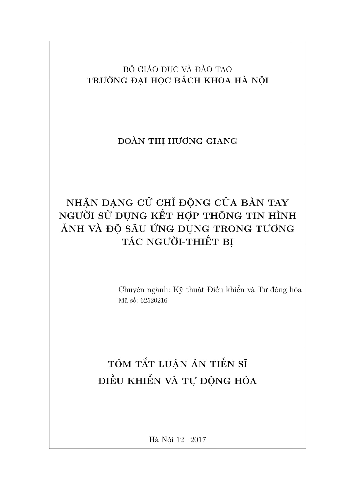 Luận án Nhận dạng cử chỉ động của bàn tay người sử dụng kết hợp thông tin hình ảnh và độ sâu ứng dụng trong tương tác người - Thiết bị trang 1