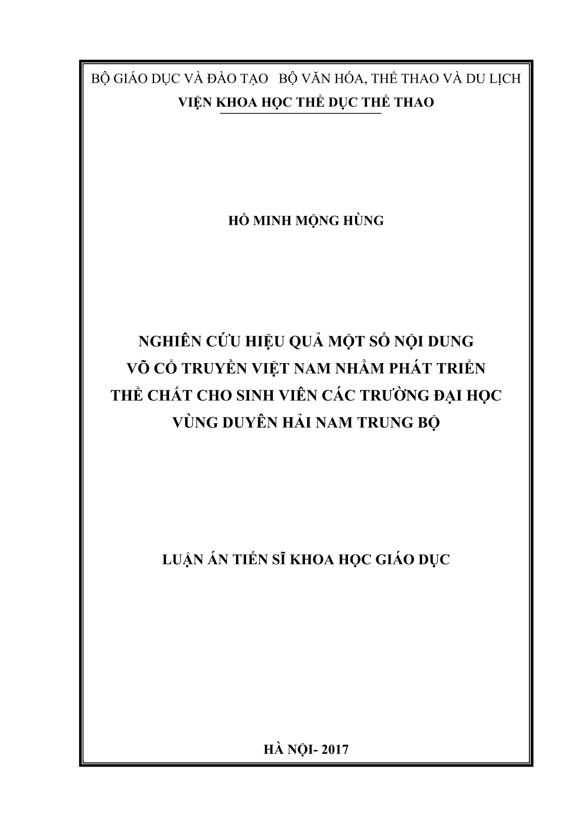 Luận án Nghiên cứu hiệu quả một số nội dung võ cổ truyền Việt Nam nhằm phát triển thể chất cho sinh viên các Trường Đại học vùng Duyên Hải Nam Trung Bộ trang 1