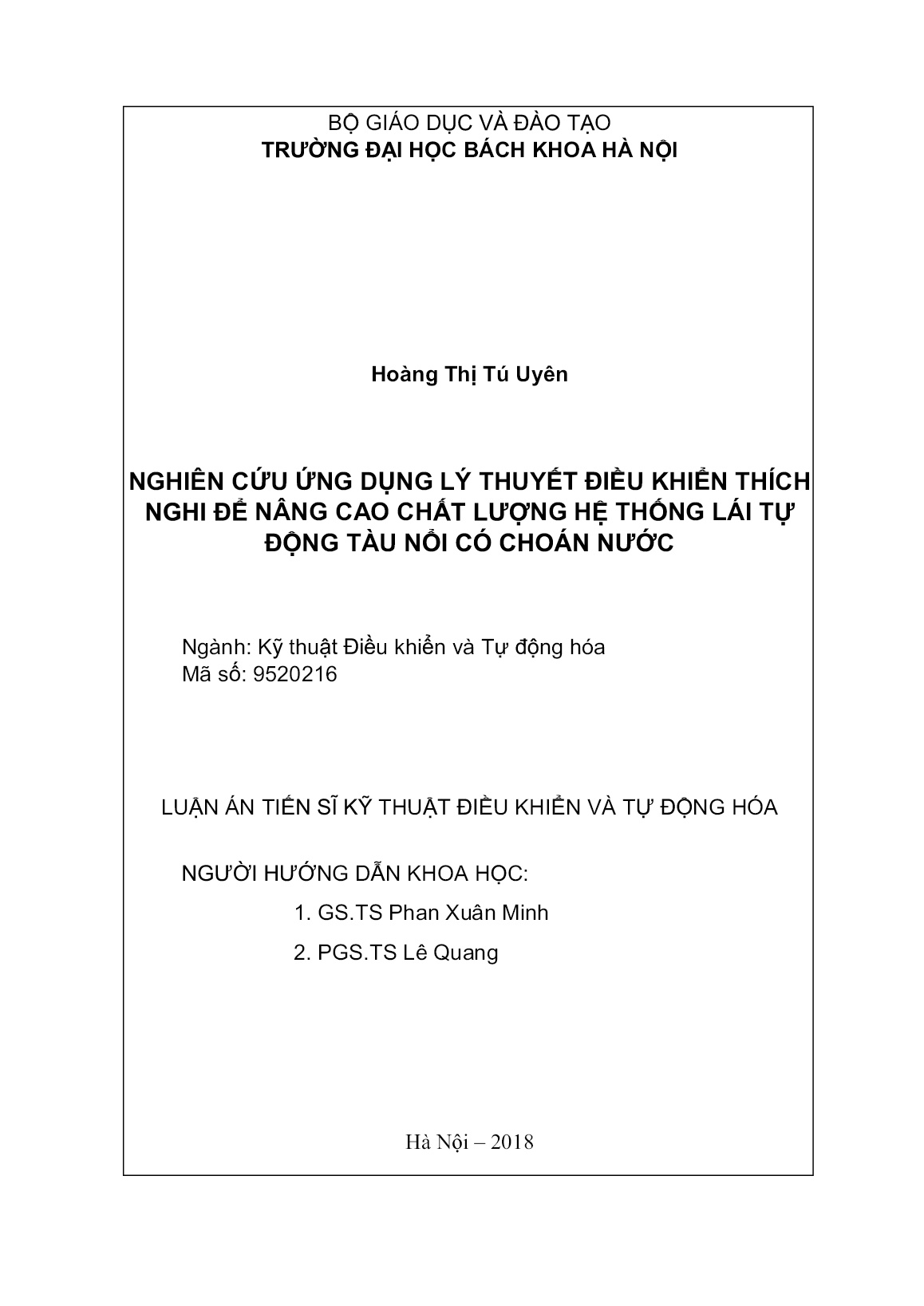 Luận án Nghiên cứu ứng dụng lý thuyết điều khiển thích nghi để nâng cao chất lượng hệ thống lái tự động tàu nổi có choán nước trang 1