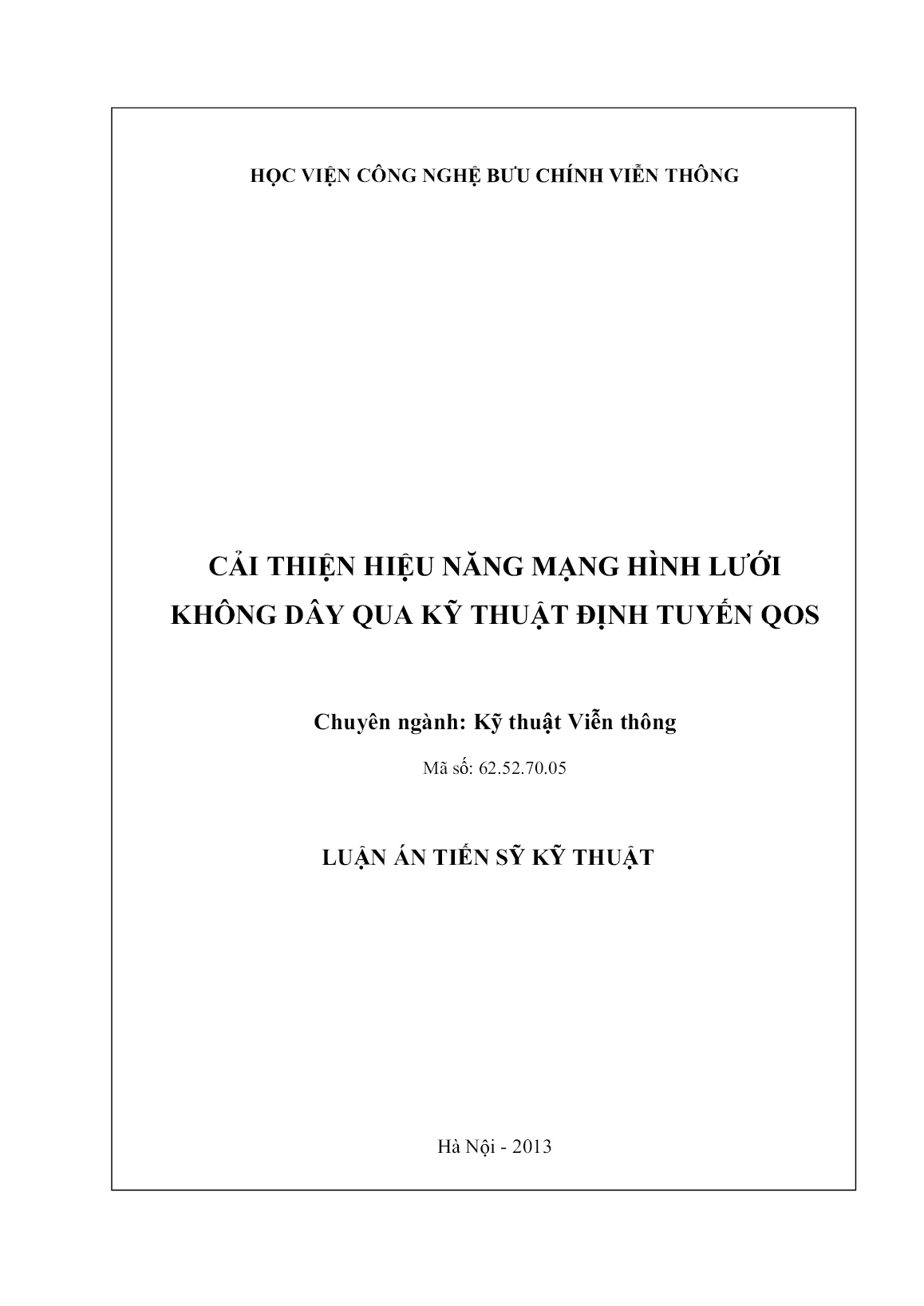 Luận án Cải thiện hiệu năng mạng hình lưới không dây qua kỹ thuật định tuyến QOS trang 1